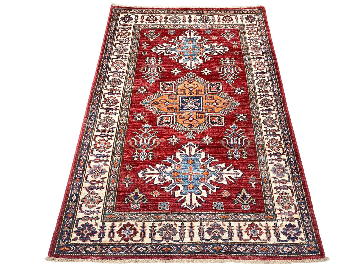 4x5 Red and Ivory Kazak Tribal Rug