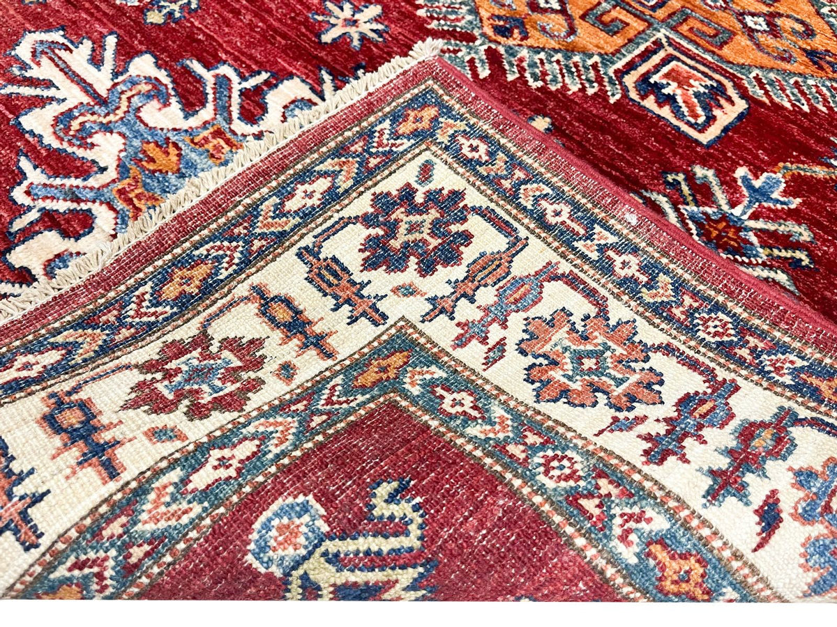 4x5 Red and Ivory Kazak Tribal Rug