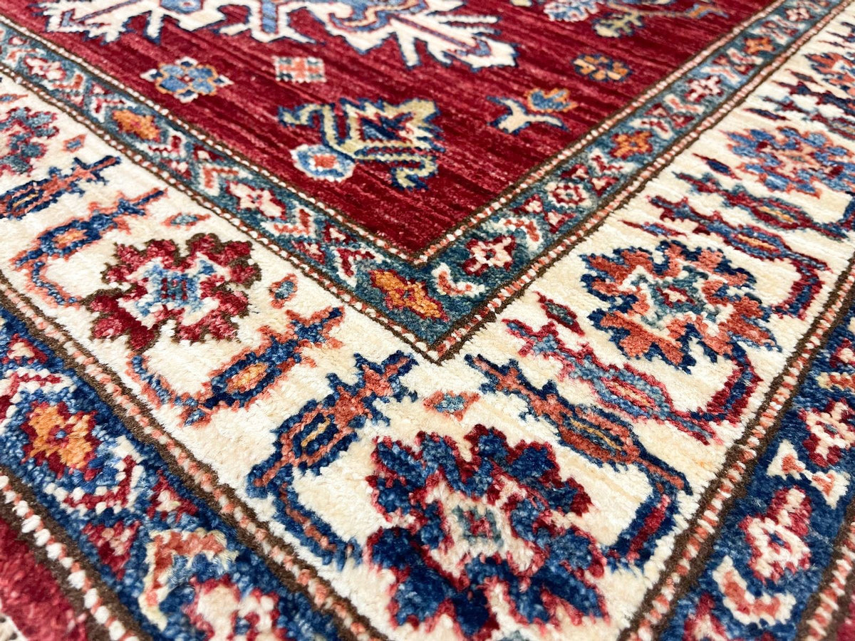 4x5 Red and Ivory Kazak Tribal Rug