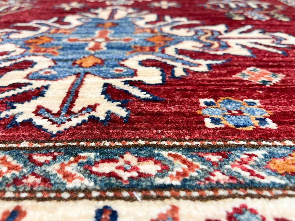 4x5 Red and Ivory Kazak Tribal Rug