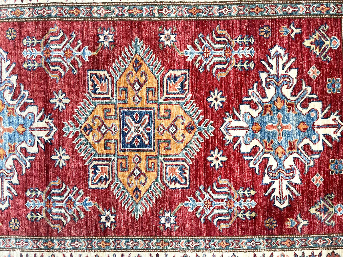 4x5 Red and Ivory Kazak Tribal Rug