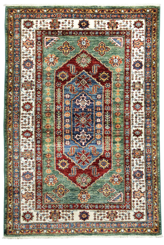 3x5 Green and Ivory Kazak Tribal Rug