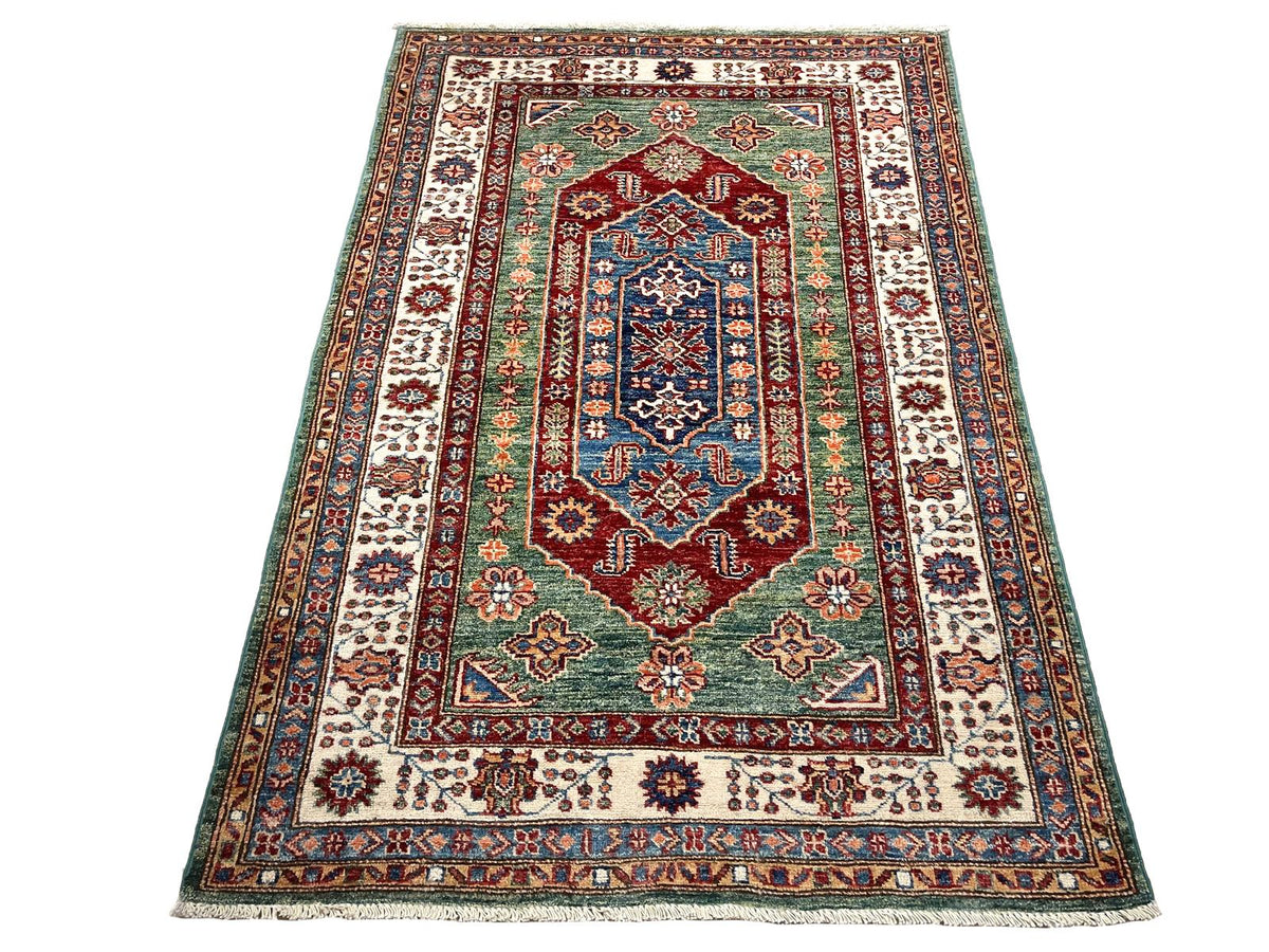 3x5 Green and Ivory Kazak Tribal Rug
