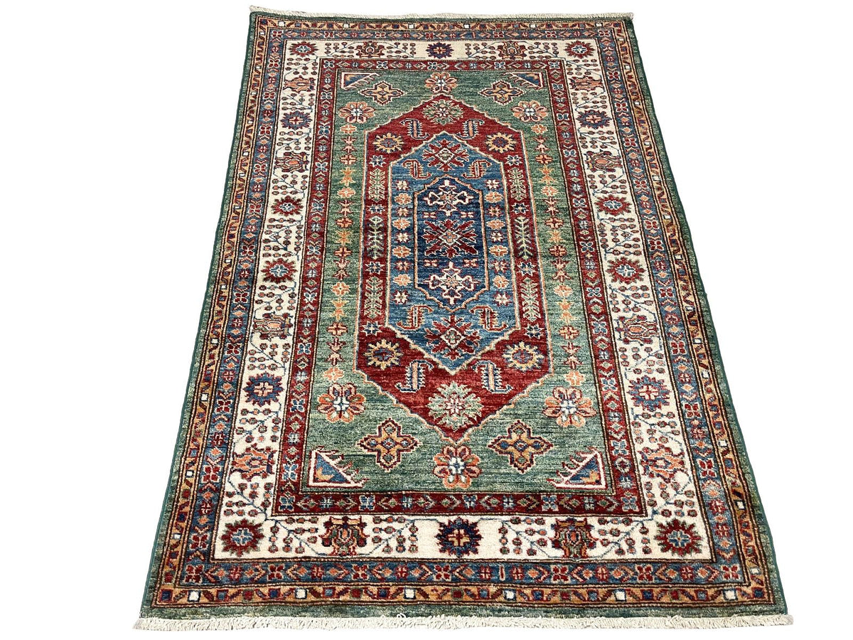 3x5 Green and Ivory Kazak Tribal Rug