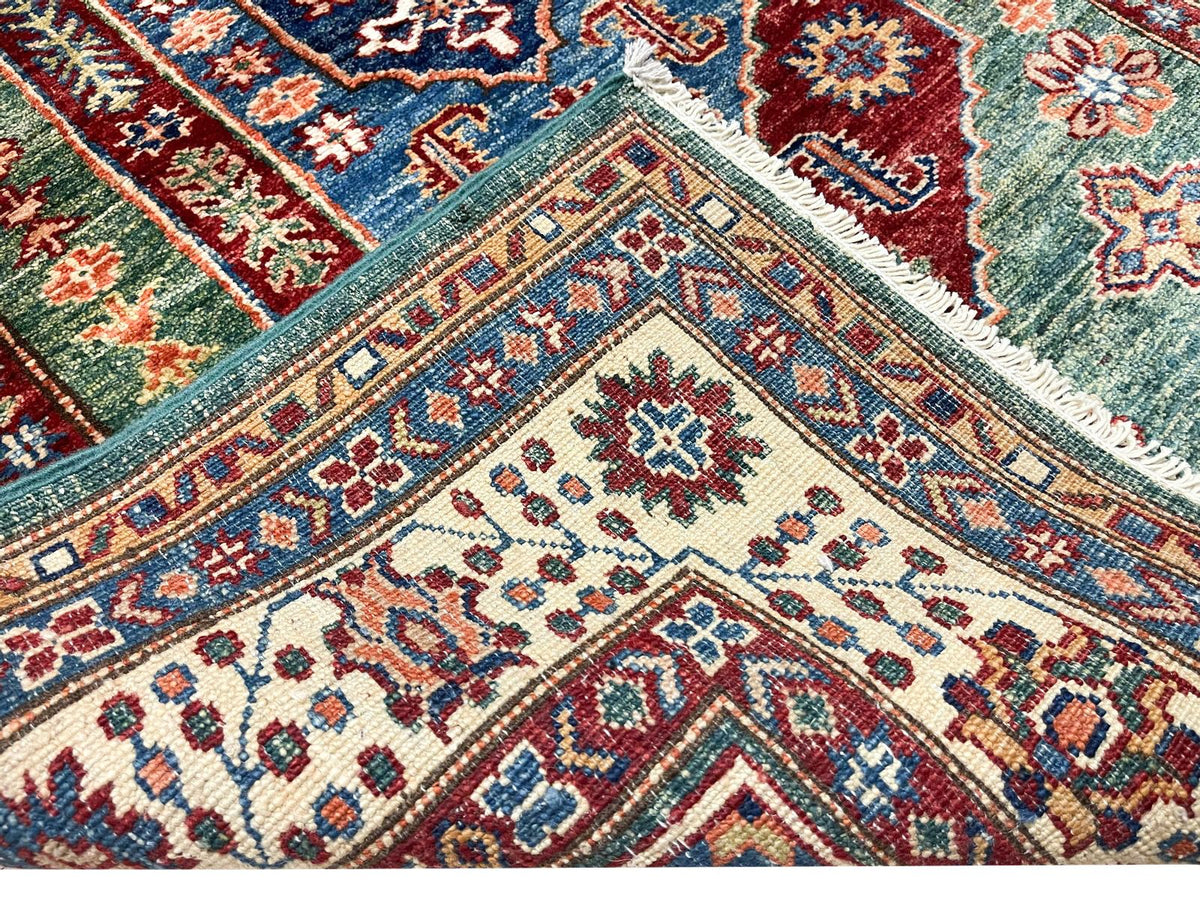 3x5 Green and Ivory Kazak Tribal Rug