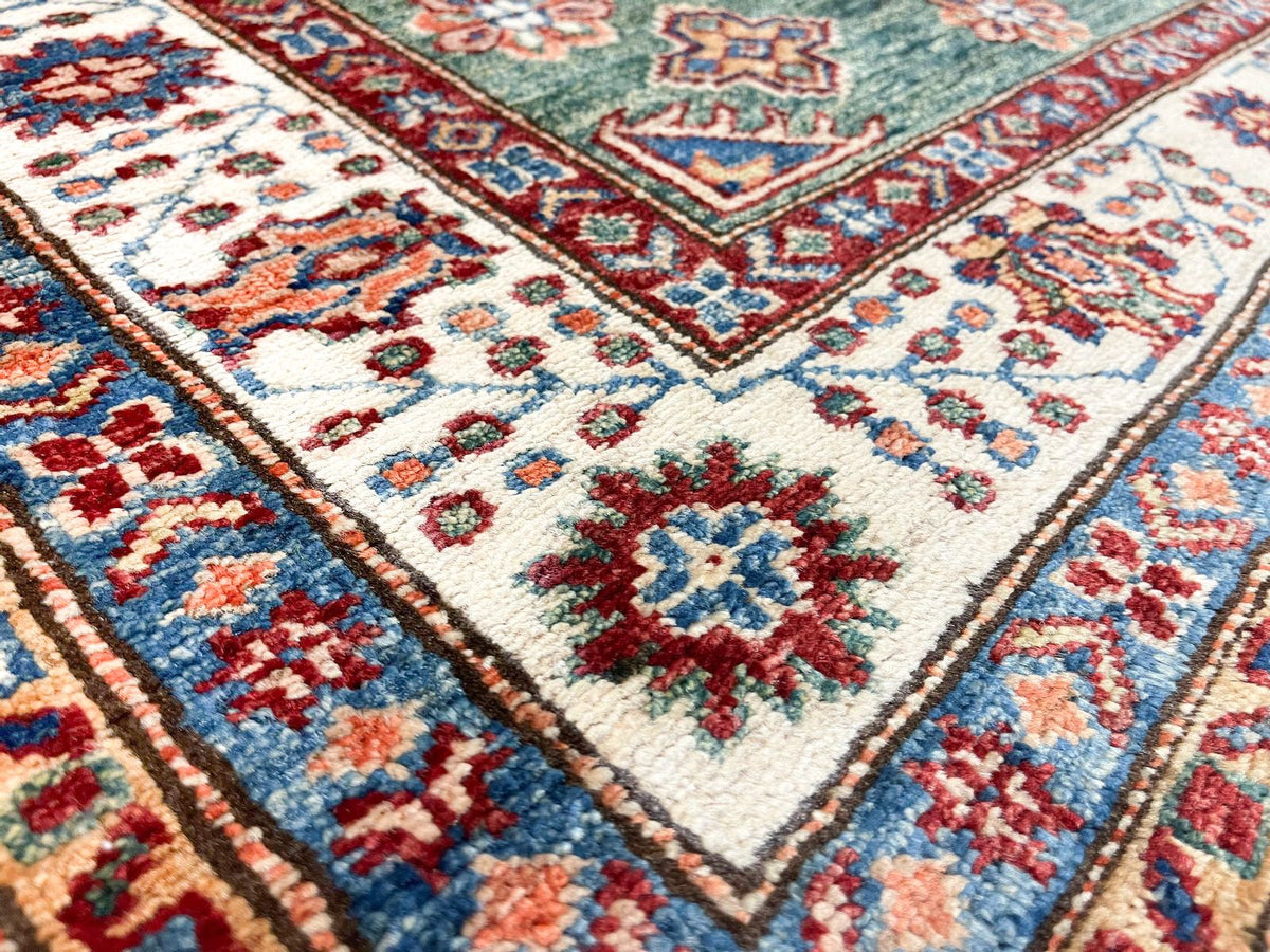 3x5 Green and Ivory Kazak Tribal Rug