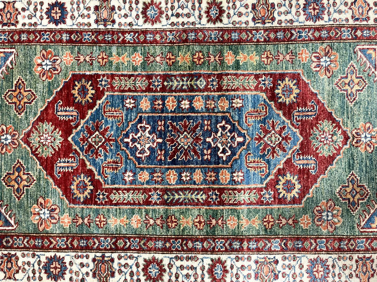 3x5 Green and Ivory Kazak Tribal Rug