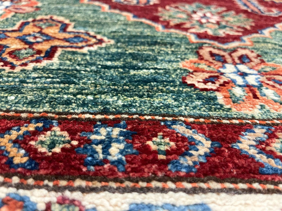 3x5 Green and Ivory Kazak Tribal Rug