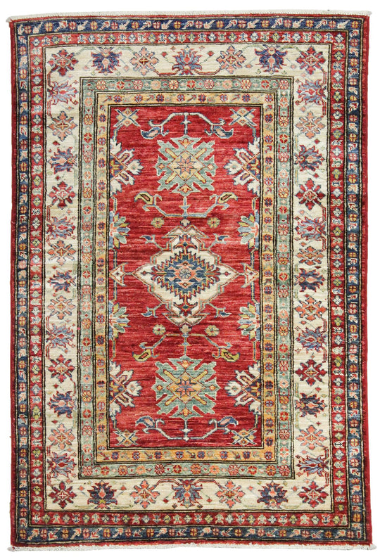 3x5 Red and Ivory Kazak Tribal Rug