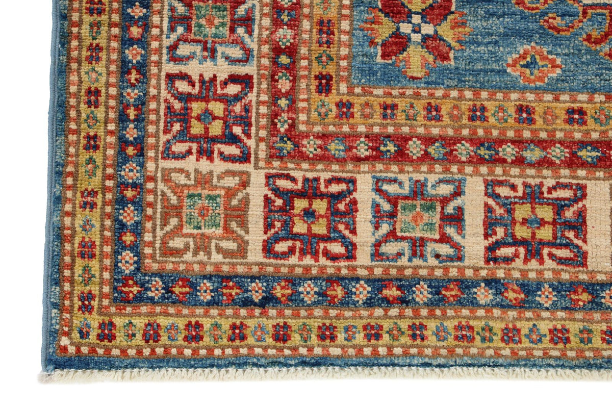 3x5 Blue and Ivory Kazak Tribal Rug