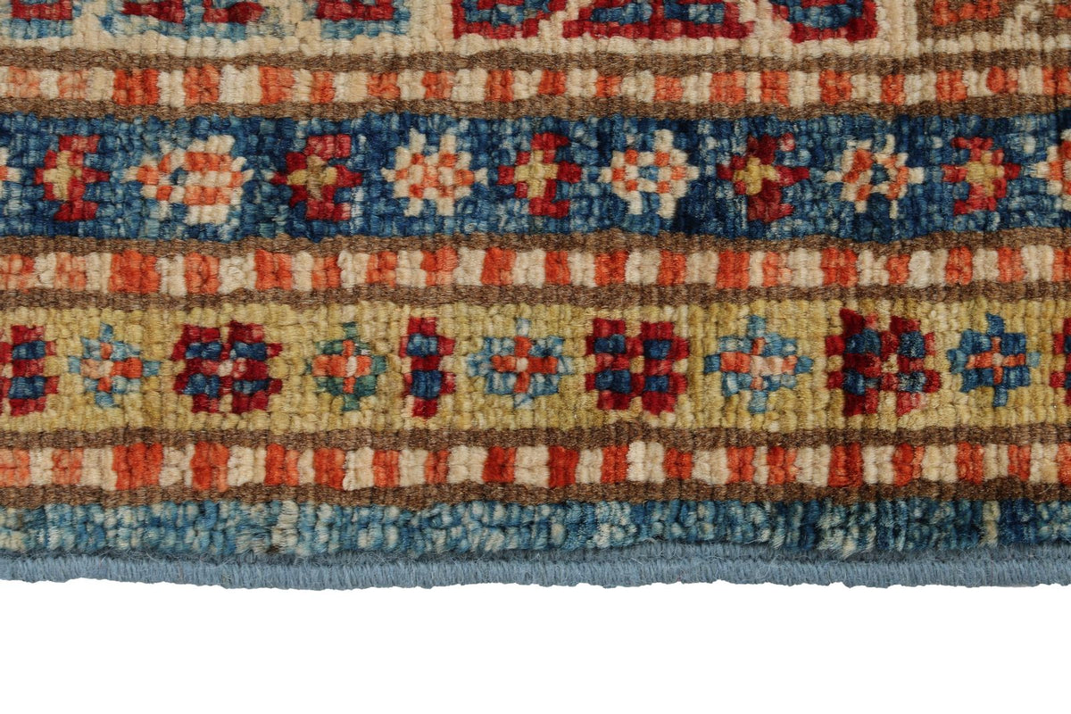 3x5 Blue and Ivory Kazak Tribal Rug