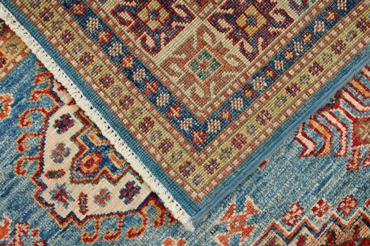 3x5 Blue and Ivory Kazak Tribal Rug