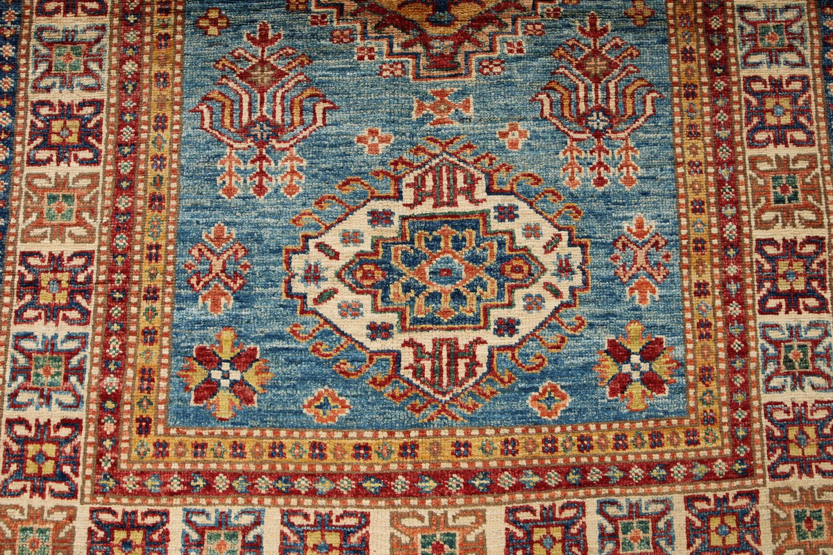 3x5 Blue and Ivory Kazak Tribal Rug