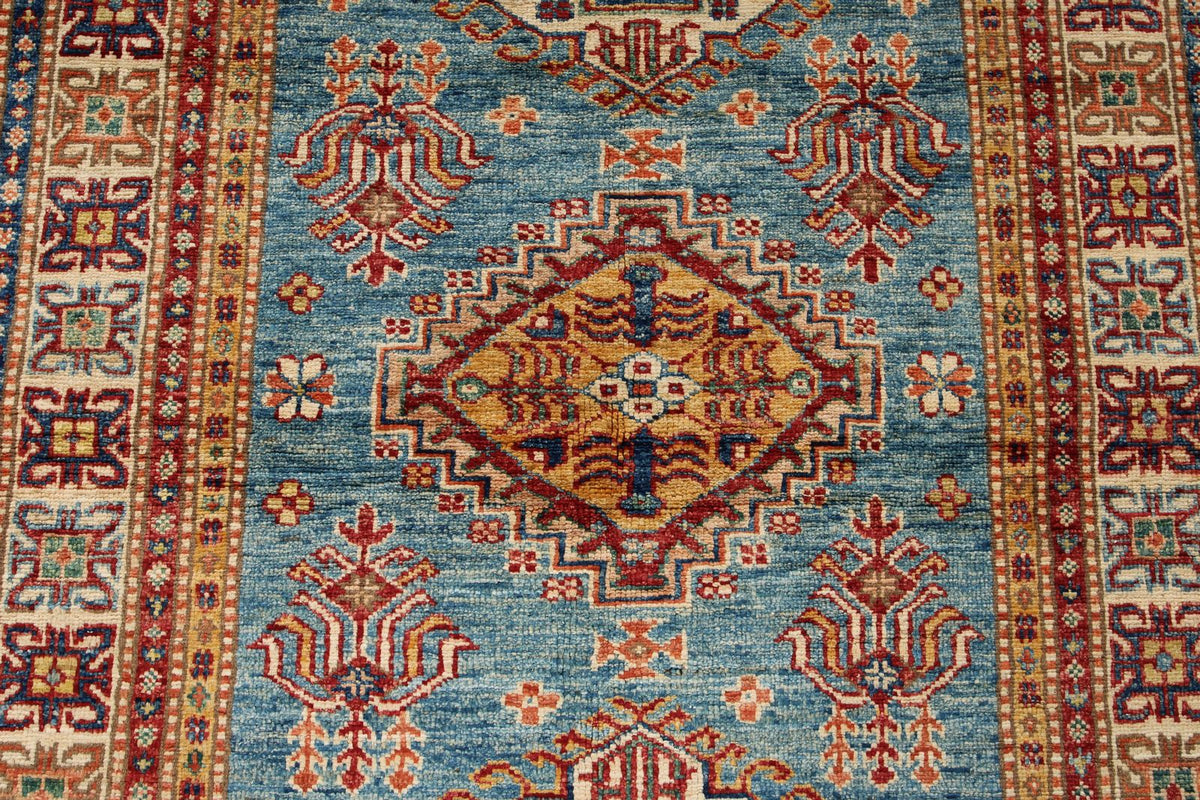 3x5 Blue and Ivory Kazak Tribal Rug
