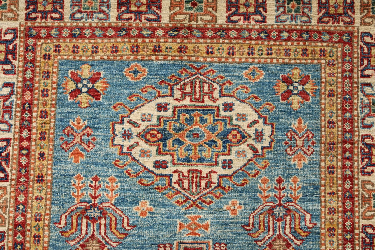 3x5 Blue and Ivory Kazak Tribal Rug