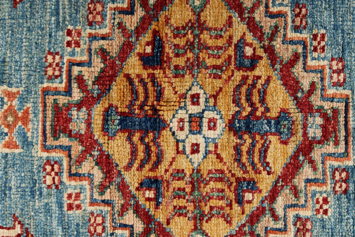 3x5 Blue and Ivory Kazak Tribal Rug