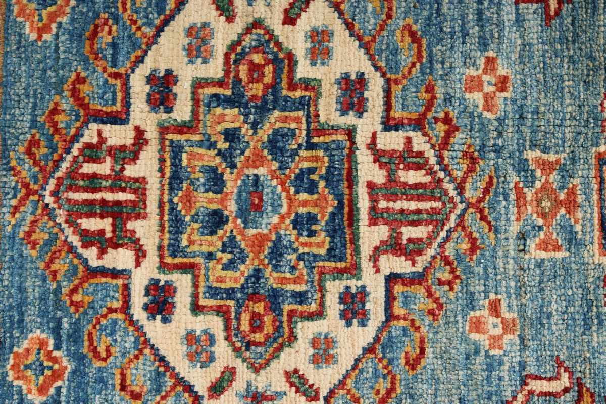 3x5 Blue and Ivory Kazak Tribal Rug