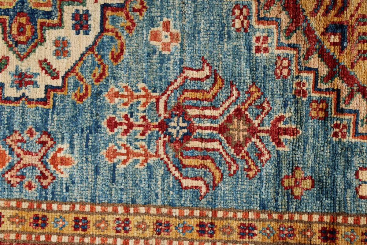 3x5 Blue and Ivory Kazak Tribal Rug