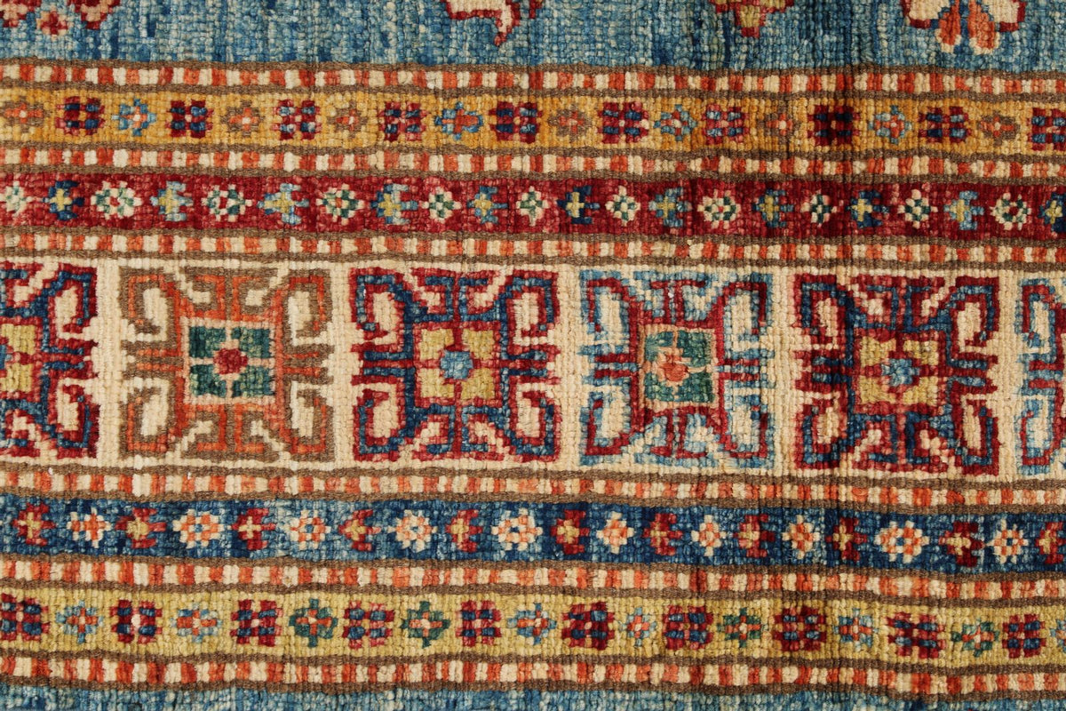 3x5 Blue and Ivory Kazak Tribal Rug