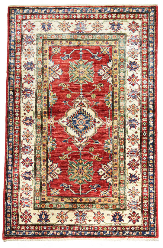 3x5 Red and Ivory Kazak Tribal Rug