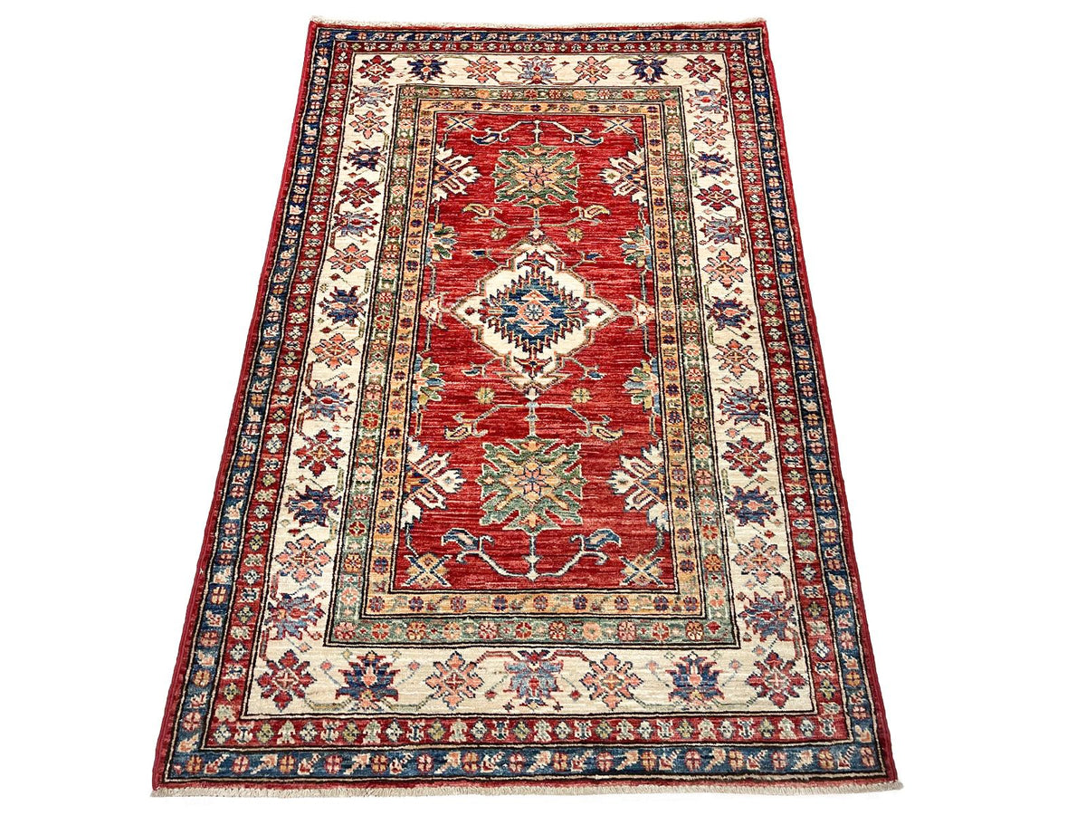 3x5 Red and Ivory Kazak Tribal Rug