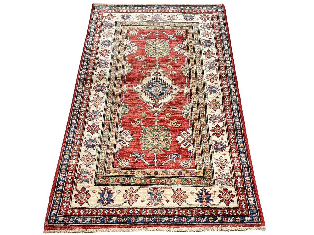 3x5 Red and Ivory Kazak Tribal Rug