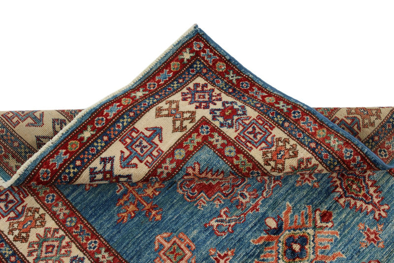 3x5 Blue and Ivory Kazak Tribal Rug