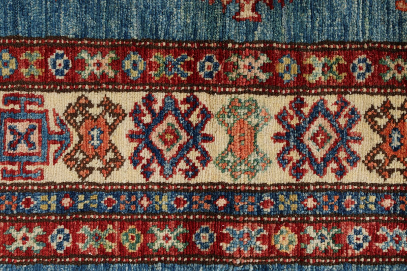 3x5 Blue and Ivory Kazak Tribal Rug