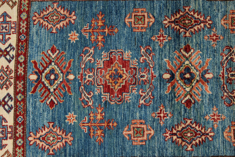 3x5 Blue and Ivory Kazak Tribal Rug