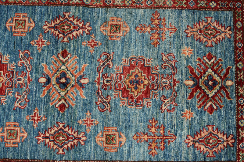 3x5 Blue and Ivory Kazak Tribal Rug