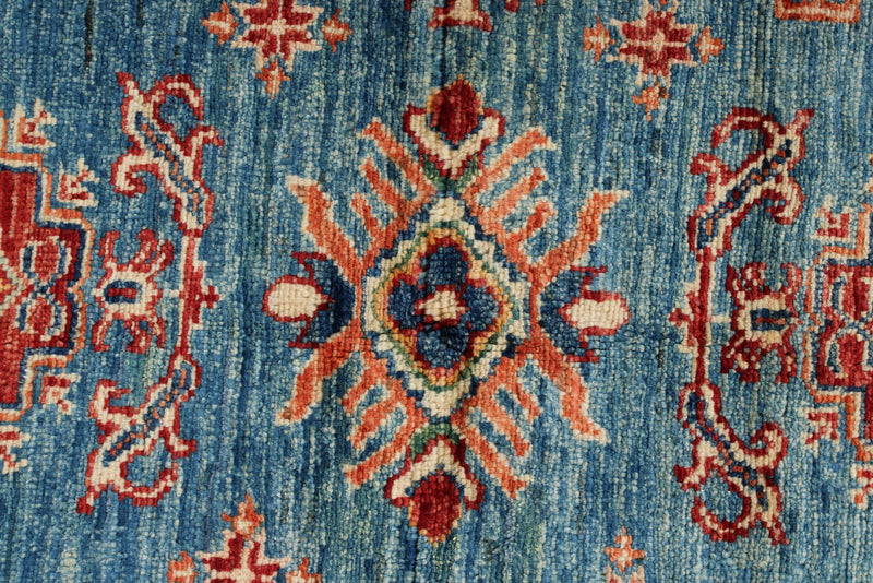 3x5 Blue and Ivory Kazak Tribal Rug