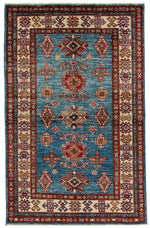 3x5 Blue and Ivory Kazak Tribal Rug