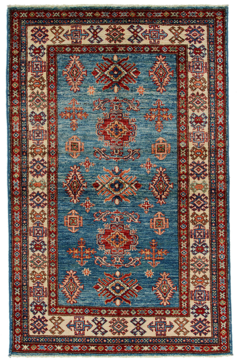 3x5 Blue and Ivory Kazak Tribal Rug