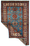 3x5 Blue and Ivory Kazak Tribal Rug