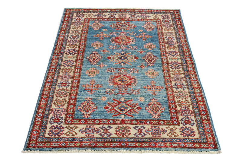 3x5 Blue and Ivory Kazak Tribal Rug