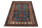 3x5 Blue and Ivory Kazak Tribal Rug