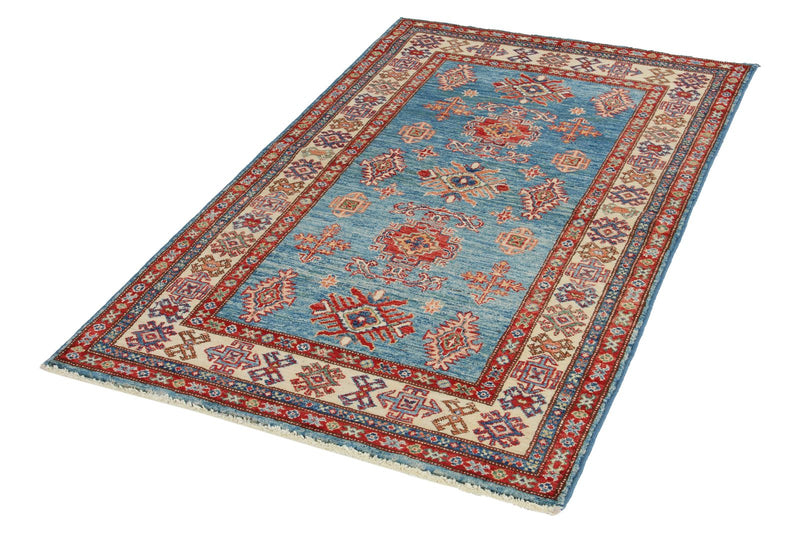 3x5 Blue and Ivory Kazak Tribal Rug