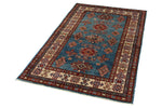 3x5 Blue and Ivory Kazak Tribal Rug