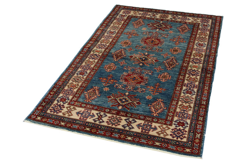 3x5 Blue and Ivory Kazak Tribal Rug