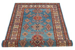 3x5 Blue and Ivory Kazak Tribal Rug