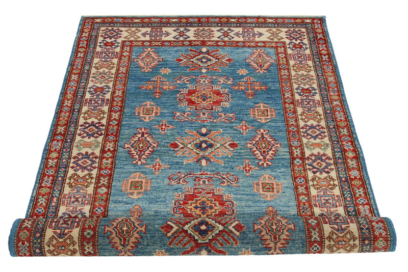 3x5 Blue and Ivory Kazak Tribal Rug