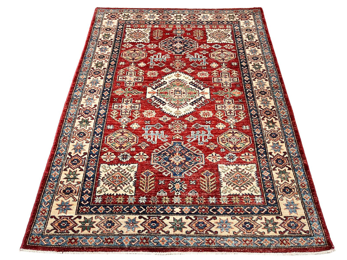 4x6 Red and Ivory Kazak Tribal Rug