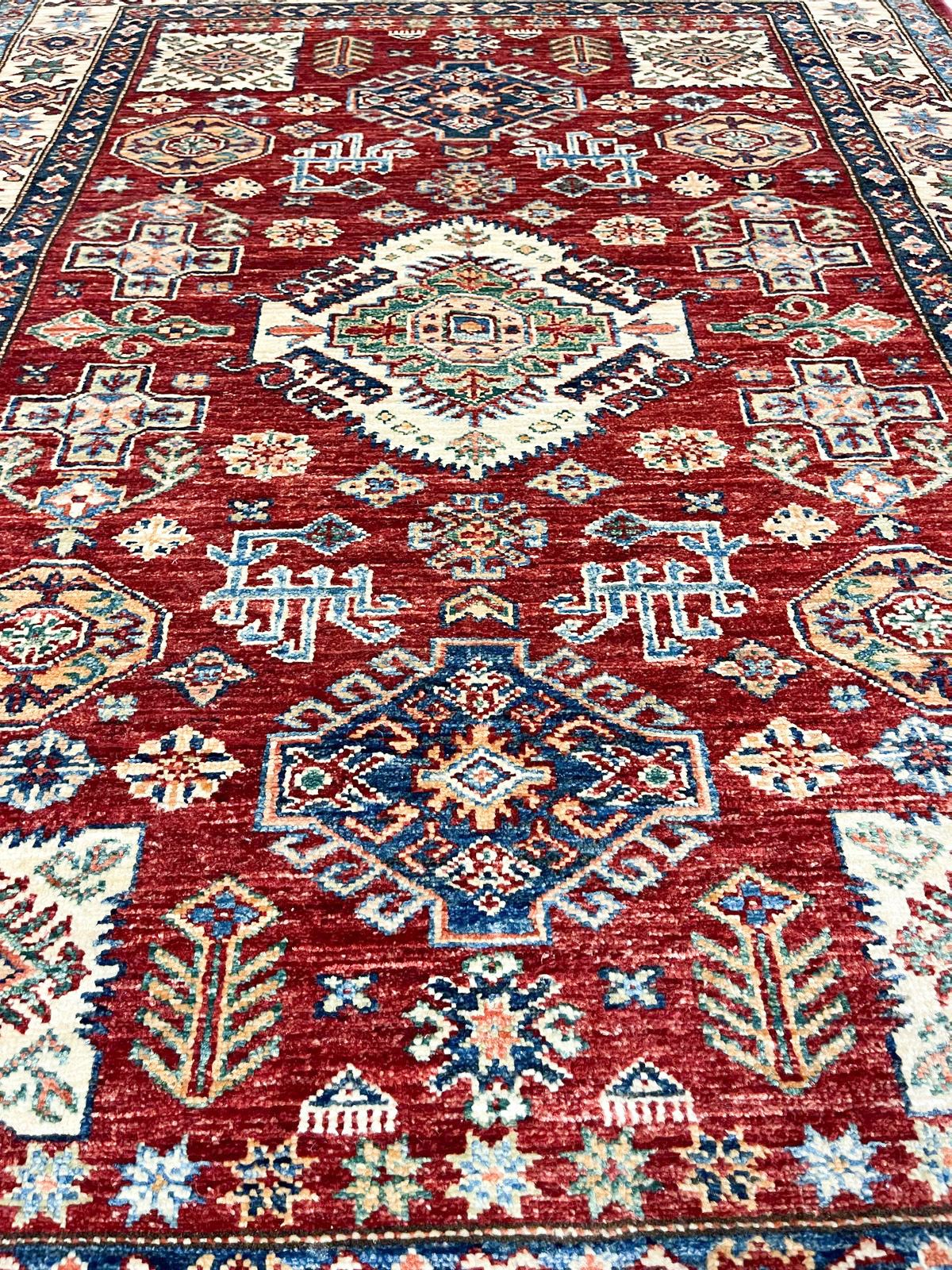 4x6 Red and Ivory Kazak Tribal Rug