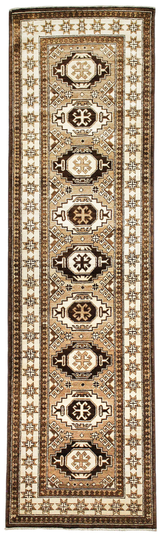 3x9 Brown and Ivory Kazak Tribal Runner