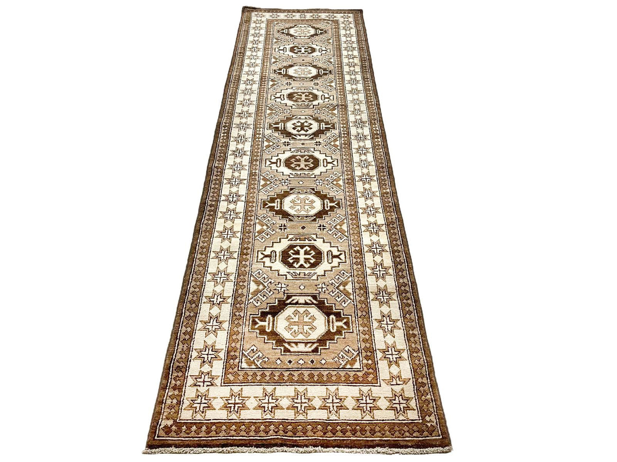 3x9 Brown and Ivory Kazak Tribal Runner