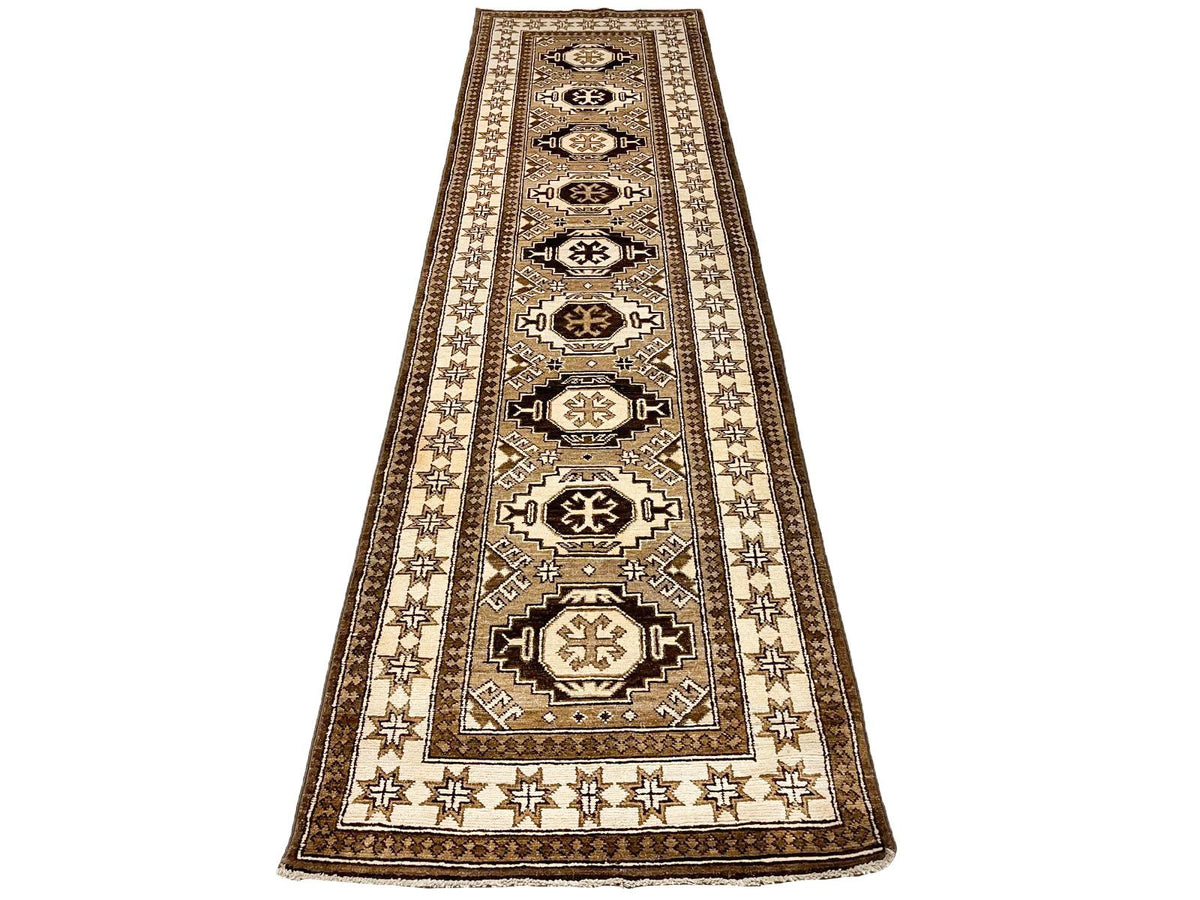 3x9 Brown and Ivory Kazak Tribal Runner