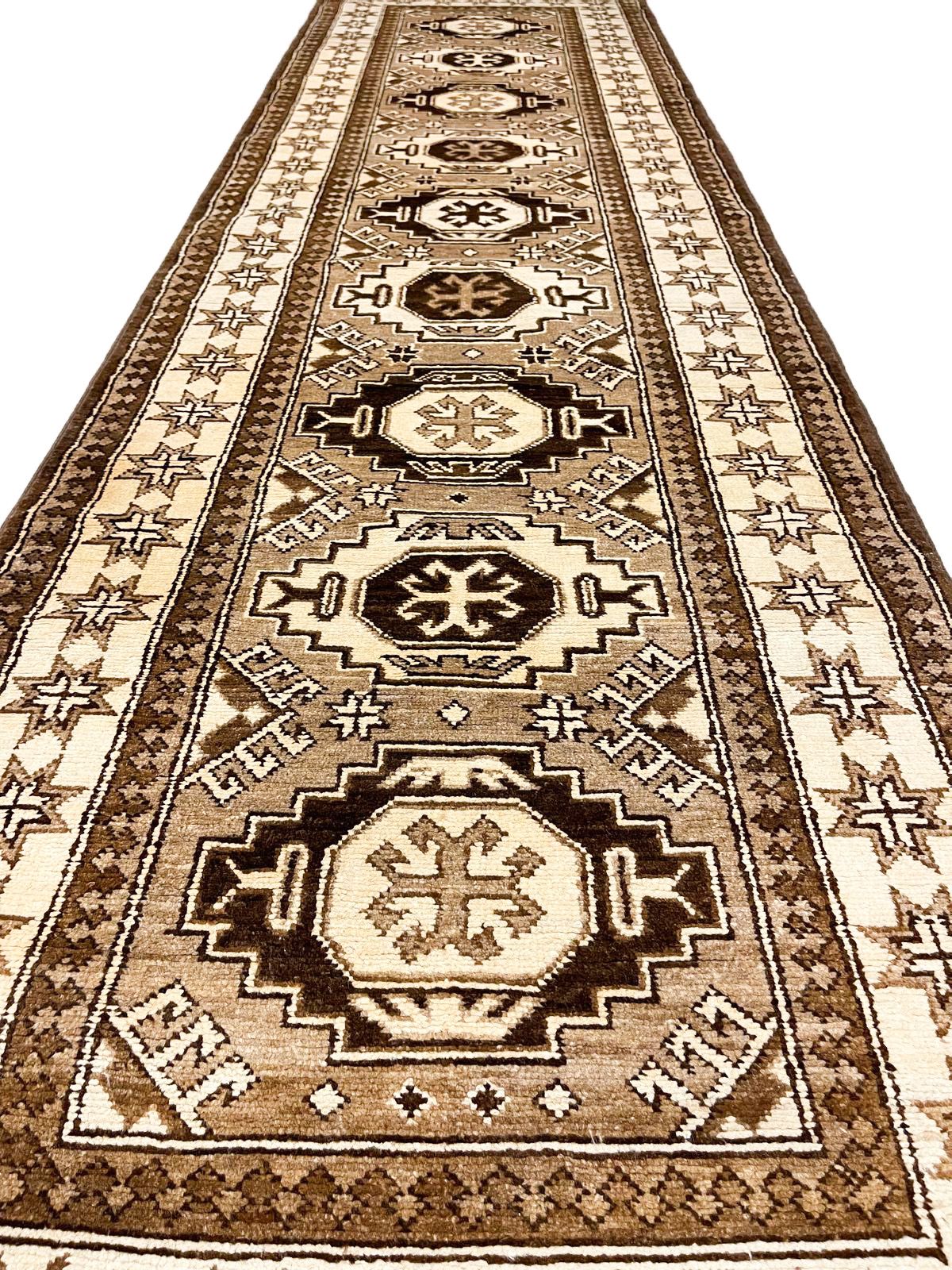3x9 Brown and Ivory Kazak Tribal Runner