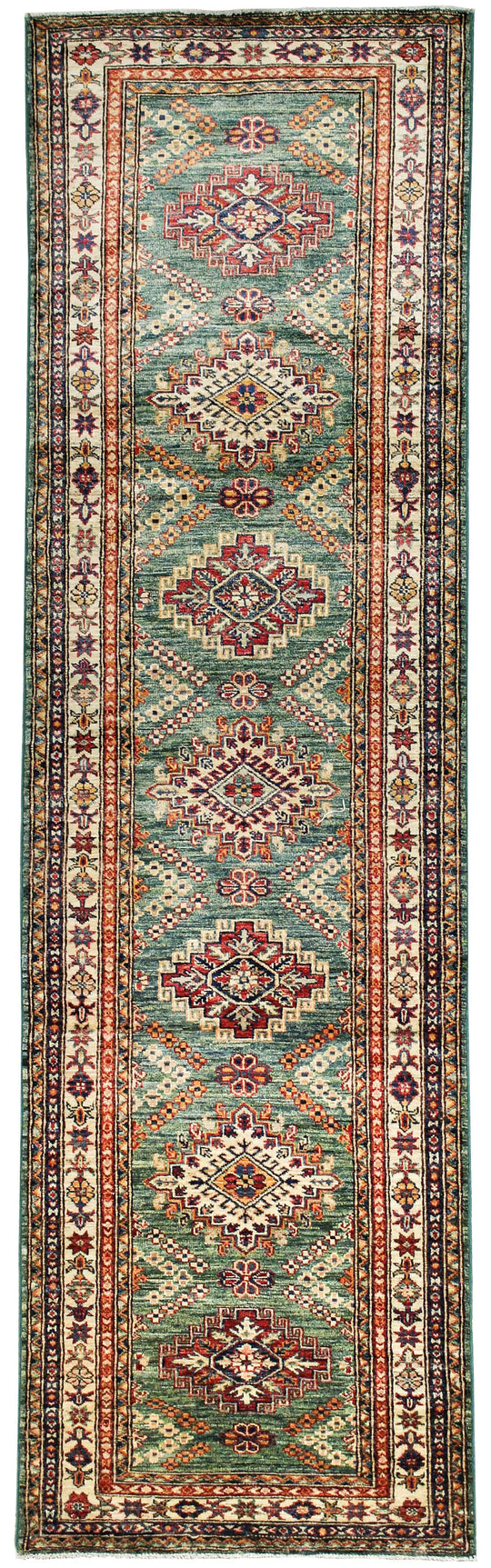 3x10 Green and Ivory Kazak Tribal Runner