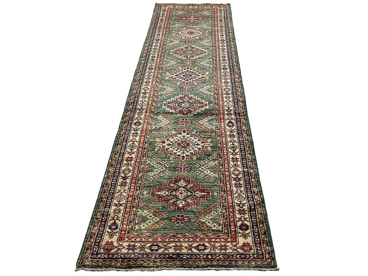 3x10 Green and Ivory Kazak Tribal Runner