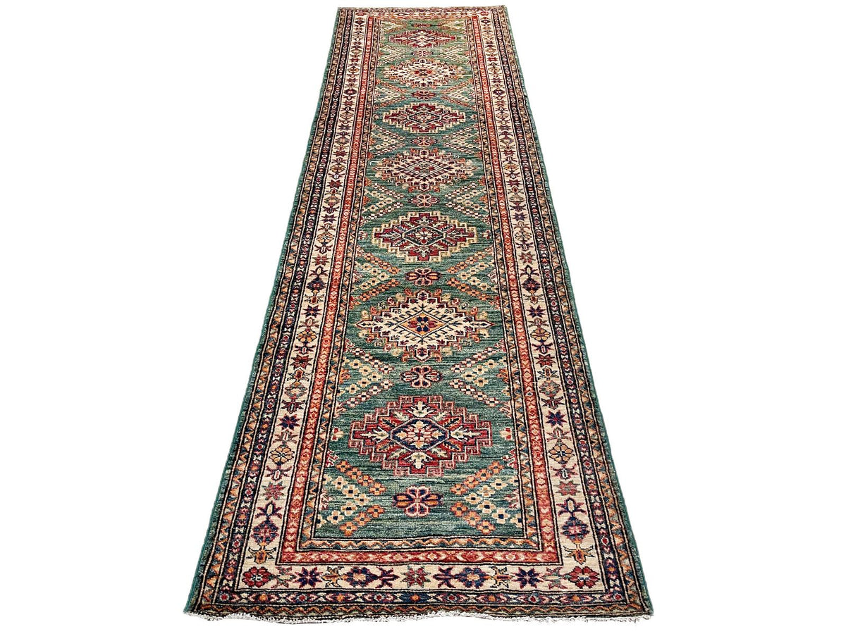 3x10 Green and Ivory Kazak Tribal Runner